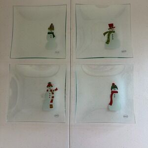 Pampered Chef Glass Snowman Square Appetizer Plates Set of 4 #2819